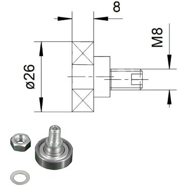 Underrulle, Haushahn TSS70/72, ø26/M8x8mm, stål