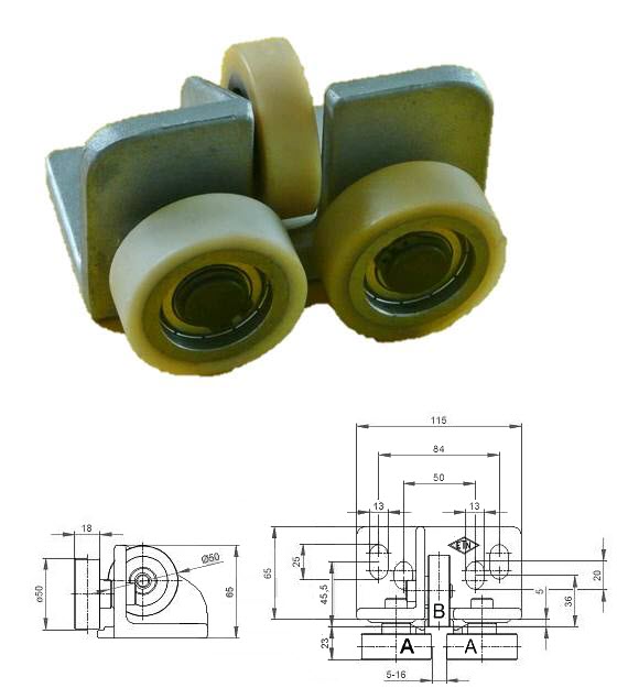 Rollenführ. GG1, 5-16mm Schiene, 2x50x18mm+1x50x15mm Rollen, VU93°