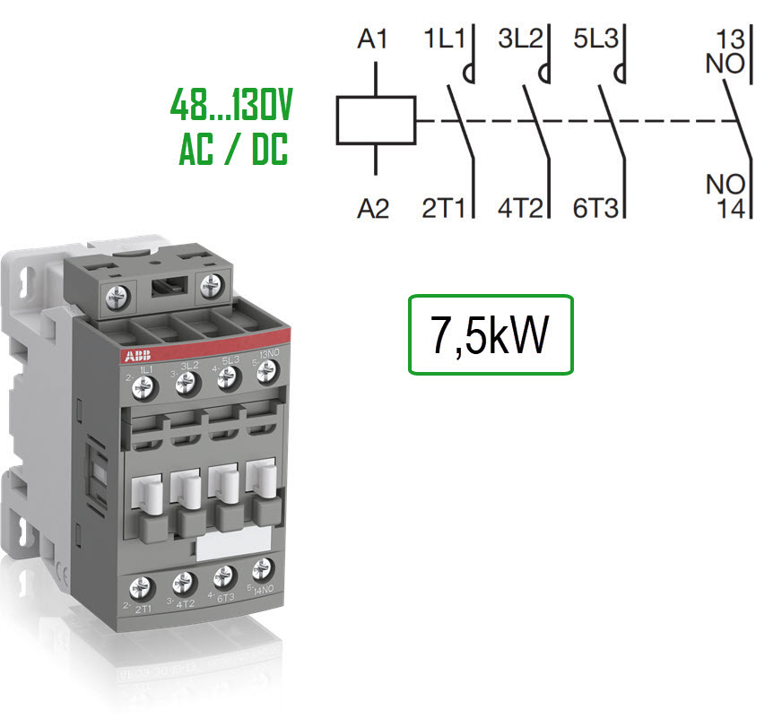 Kontaktor, ABB AF16, 48-130V AC+DC, Skruvansl., 16A/7,5kW, 3NO+1NO