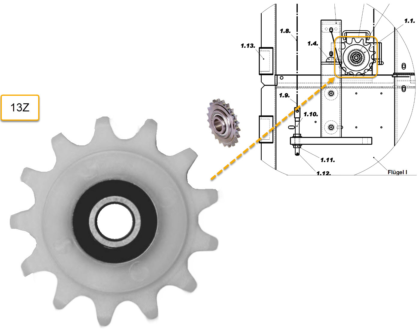 Chain wheel, Hütter VKT, Plastic, bearing 6000 2RS, 13 teeth