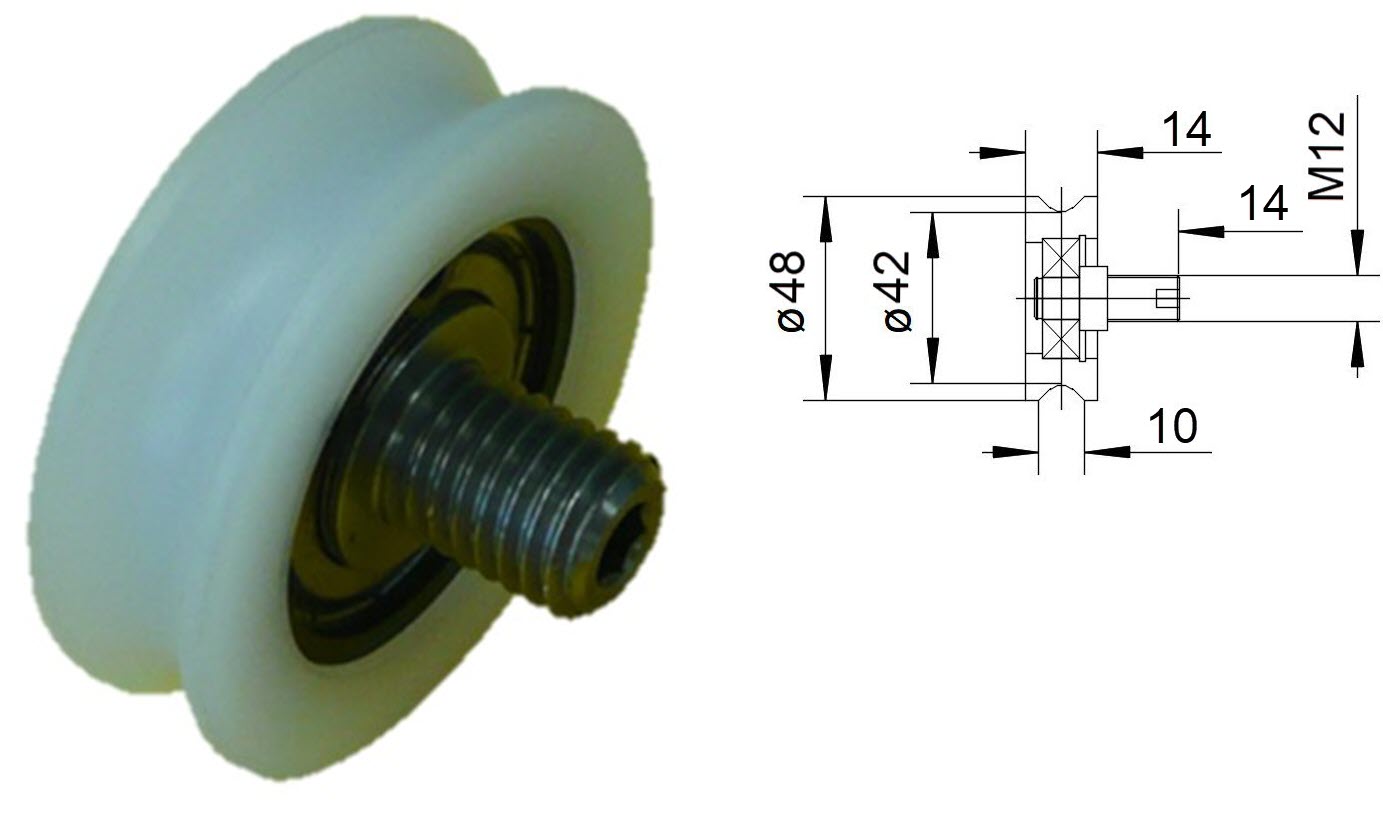 Laufrolle, Fermator, ø48/42x14mm, verstärkte Ausführung, M12