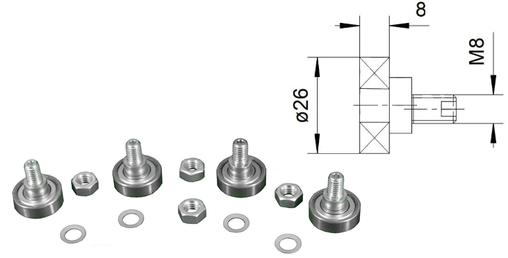 Underrulle, TSS70/72, Haushahn, 26/8mmxM8, komplett, Set om 4 styck