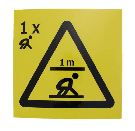 Skylt, räddningsutrymme 1m, 1 person knästående, 160x160mm, Hårdplast