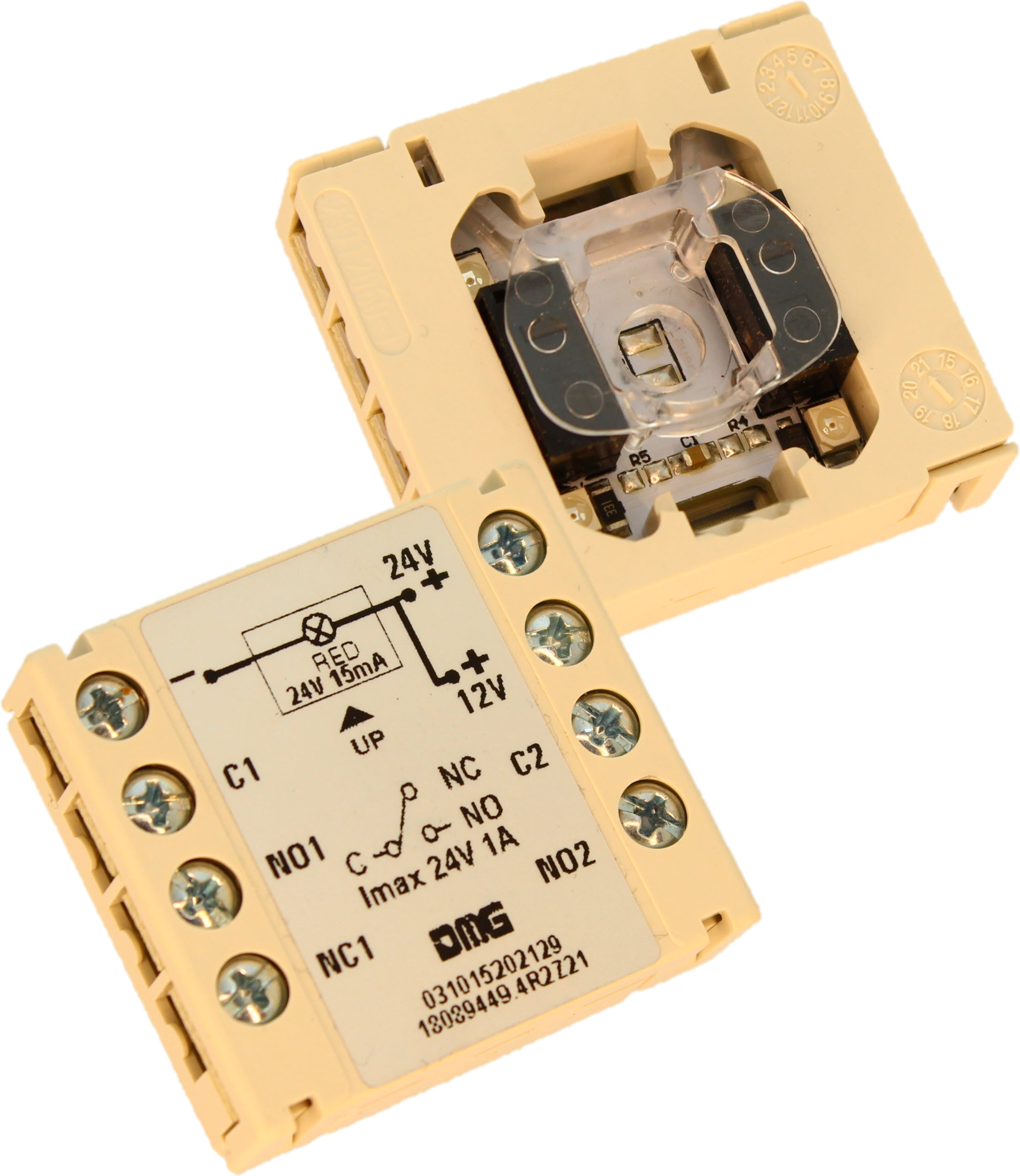 Kontaktblock/Knappelement, DMG, 1CO+1NO kontakt 12/24VDC, röd LED