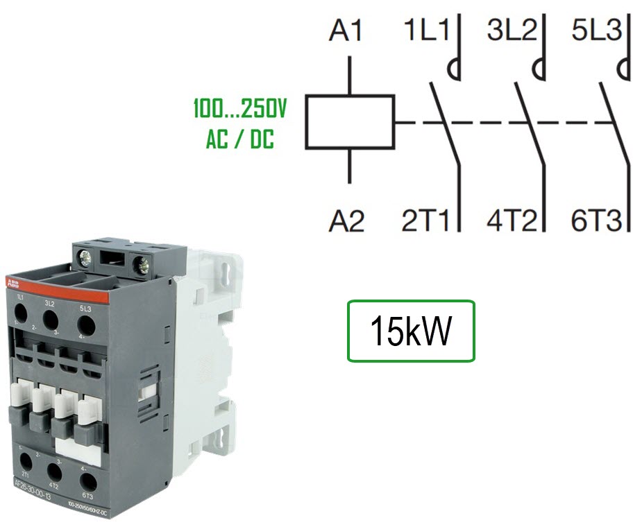 Contactor, ABB AF30, 100-250V AC+DC, Screw conn.., 30A/15kW